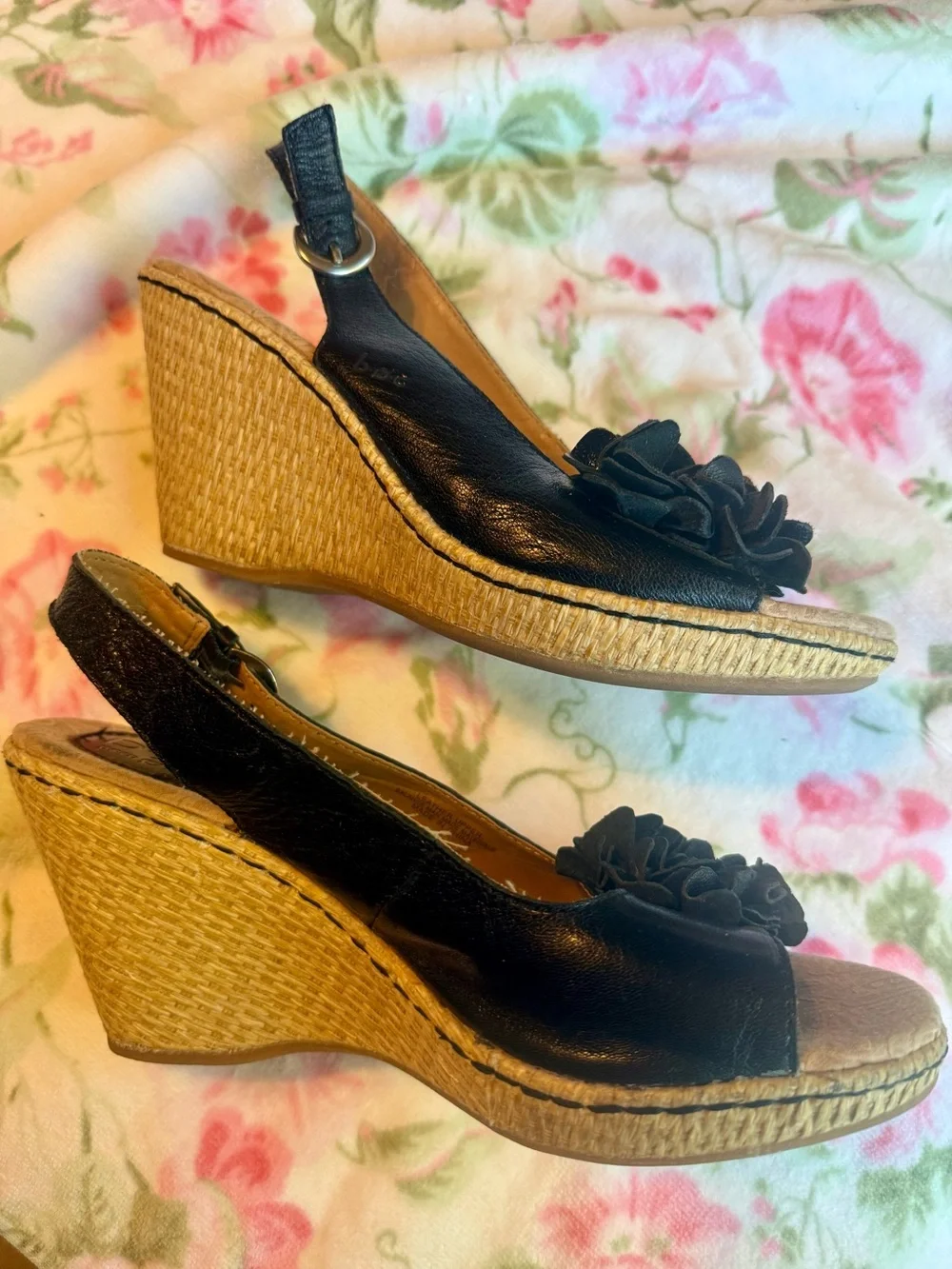 b.o.c. Black Floral Accent Wedge Sandals